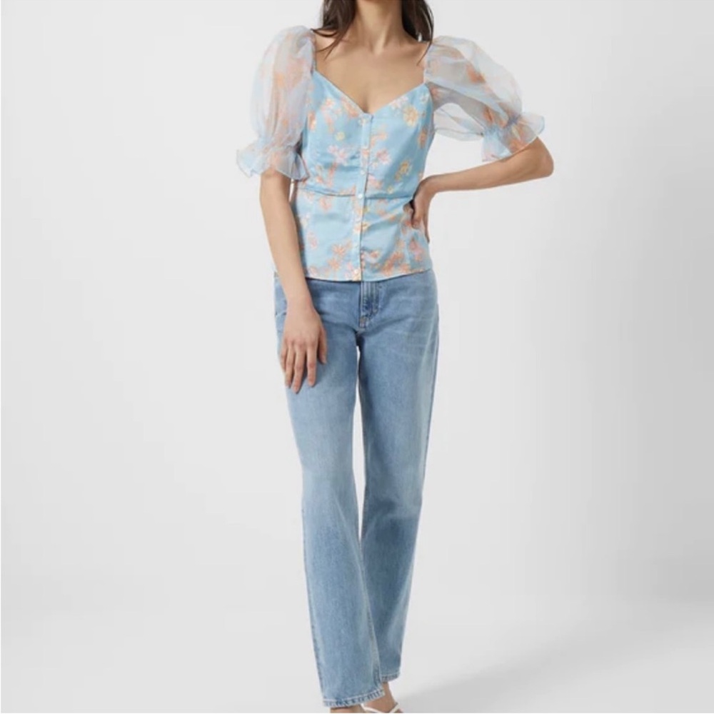 French Connection Forget Me Not Floral Drape Puff Sleeve Blouse